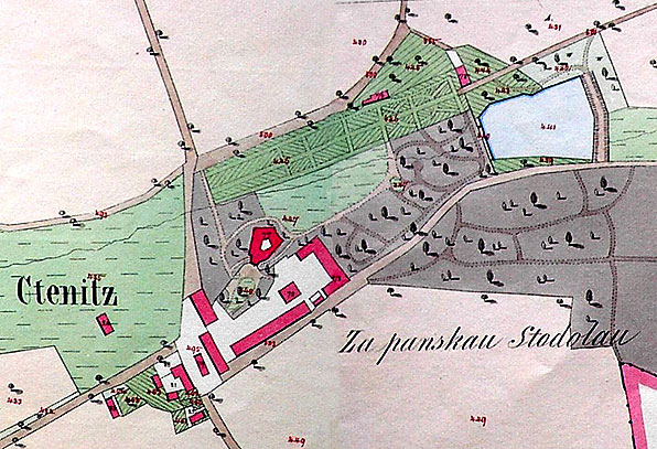 Areál ctěnického zámku na mapě stabilního katastru z roku 1842